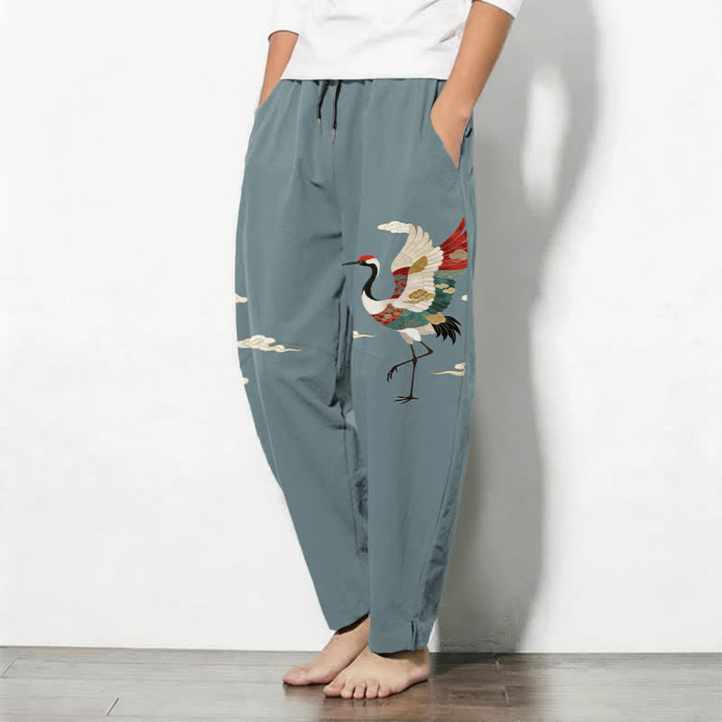 Buddha Stones Pantalon fuselé pour homme en pur coton multicolore à motif de grues et de nuages, avec cordon de serrage et poches. - image 1