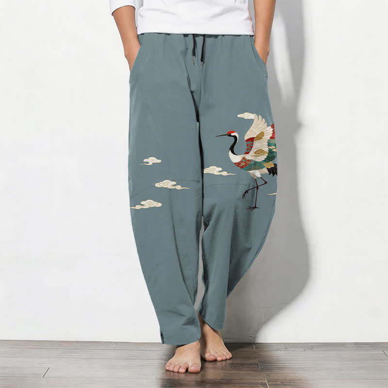 Buddha Stones Pantalon fuselé pour homme en pur coton multicolore à motif de grues et de nuages, avec cordon de serrage et poches. - Bleu clair - US/UK/AU50，EU60 (5XL) - image 0