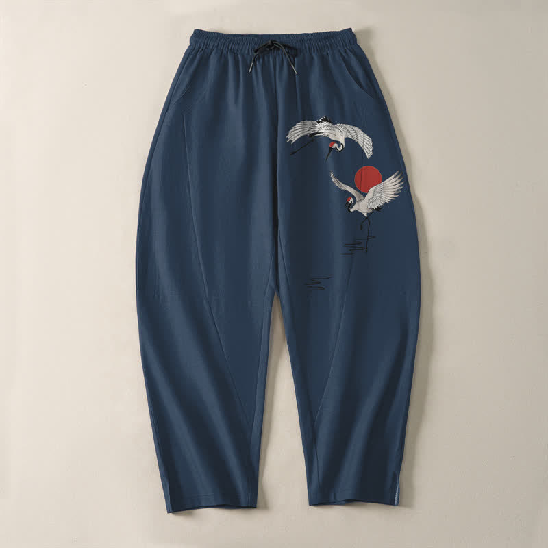Buddha Stones Pantalon fuselé pour homme en pur coton, motif grue et soleil rouge, cordon de serrage et poches - image 2