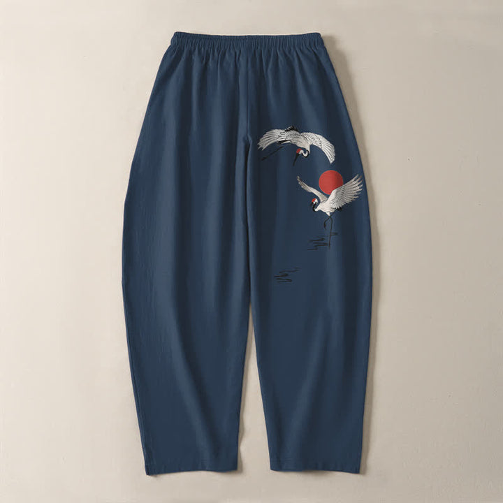 Buddha Stones Pantalon fuselé pour homme en pur coton, motif grue et soleil rouge, cordon de serrage et poches - image 3