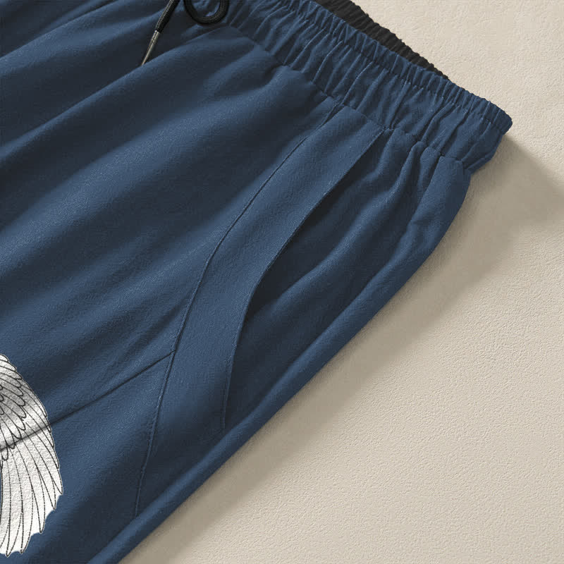Buddha Stones Pantalon fuselé pour homme en pur coton, motif grue et soleil rouge, cordon de serrage et poches - image 4