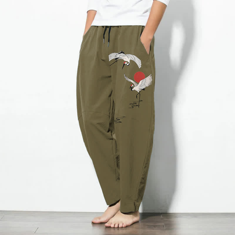 Buddha Stones Pantalon fuselé pour homme en pur coton, motif grue et soleil rouge, cordon de serrage et poches - image 8