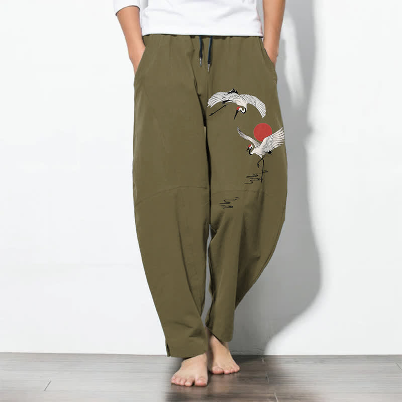 Buddha Stones Pantalon fuselé pour homme en pur coton, motif grue et soleil rouge, cordon de serrage et poches - Olive - US/UK/AU50，EU60 (5XL) - image 7