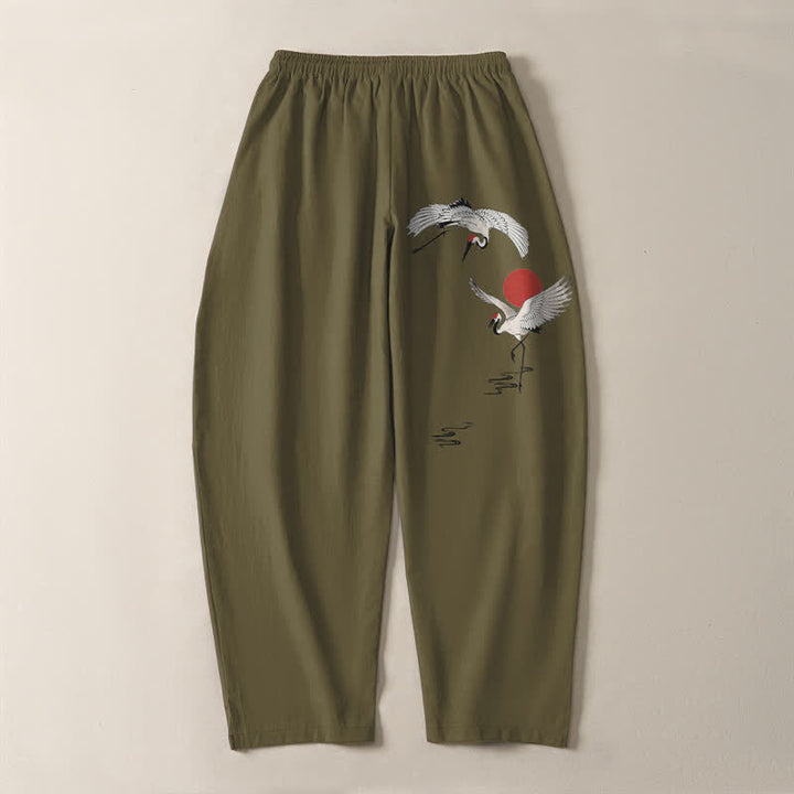 Buddha Stones Pantalon fuselé pour homme en pur coton, motif grue et soleil rouge, cordon de serrage et poches - image 10