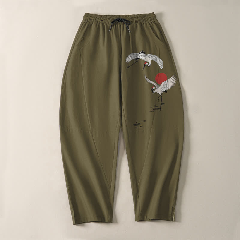 Buddha Stones Pantalon fuselé pour homme en pur coton, motif grue et soleil rouge, cordon de serrage et poches - image 9