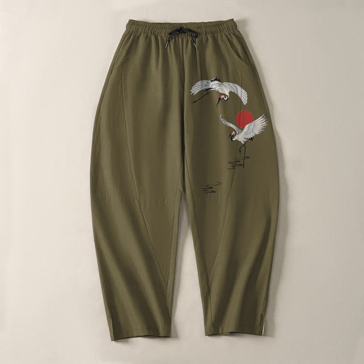 Buddha Stones Pantalon fuselé pour homme en pur coton, motif grue et soleil rouge, cordon de serrage et poches - image 9