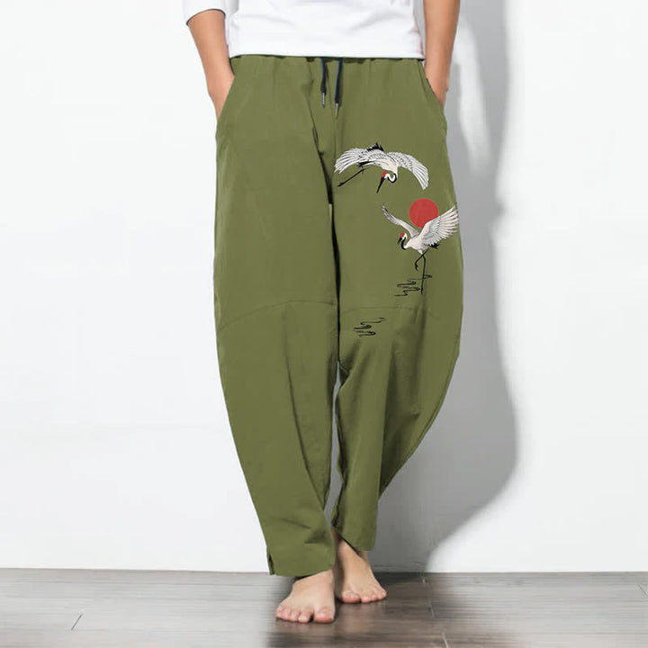 Buddha Stones Pantalon fuselé pour homme en pur coton, motif grue et soleil rouge, cordon de serrage et poches - Vert olive - US/UK/AU50，EU60 (5XL) - image 11