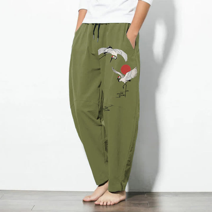 Buddha Stones Pantalon fuselé pour homme en pur coton, motif grue et soleil rouge, cordon de serrage et poches - image 12