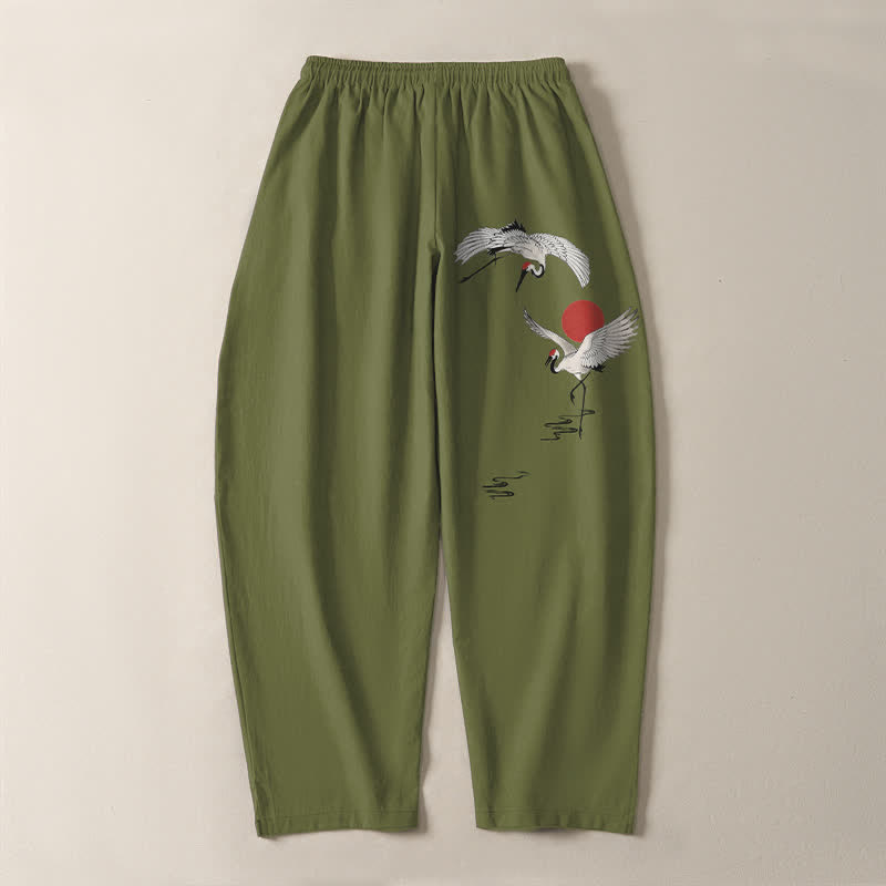 Buddha Stones Pantalon fuselé pour homme en pur coton, motif grue et soleil rouge, cordon de serrage et poches - image 14