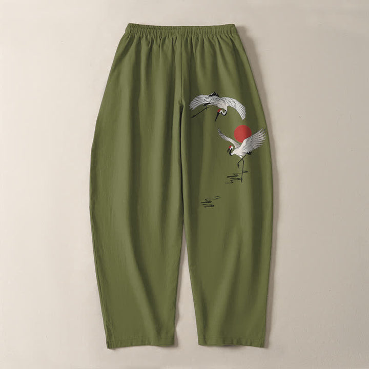 Buddha Stones Pantalon fuselé pour homme en pur coton, motif grue et soleil rouge, cordon de serrage et poches - image 14