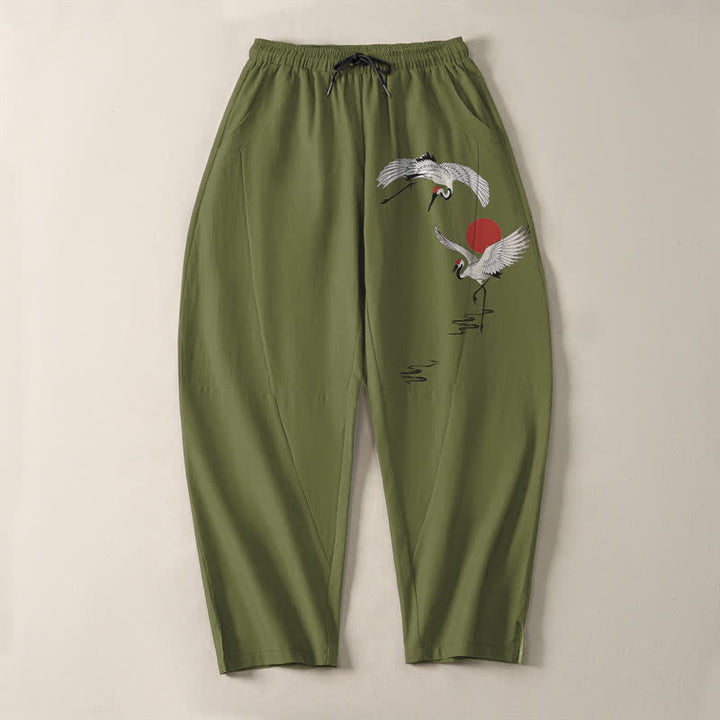 Buddha Stones Pantalon fuselé pour homme en pur coton, motif grue et soleil rouge, cordon de serrage et poches - image 13