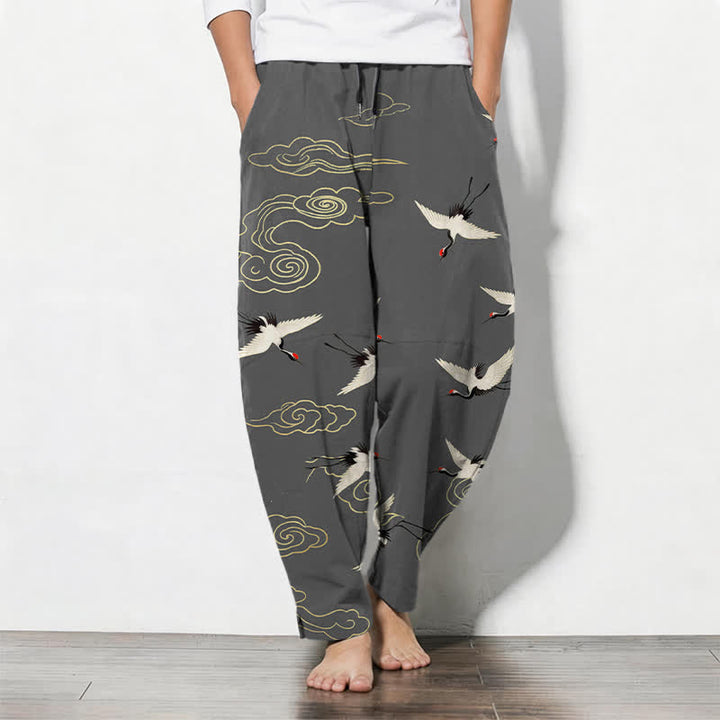 Buddha Stones Pantalon fuselé pour homme en pur coton blanc à motif de grues à couronne rouge et de nuages, avec cordon de serrage et poches. - Gris sombre - US/UK/AU50，EU60 (5XL) - image 0