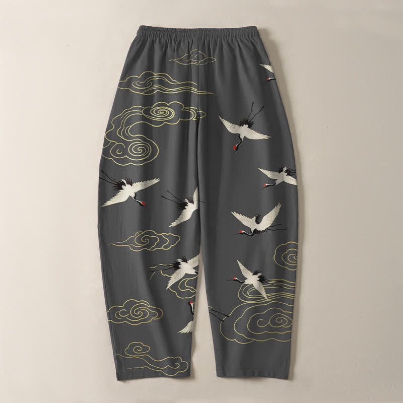 Buddha Stones Pantalon fuselé pour homme en pur coton blanc à motif de grues à couronne rouge et de nuages, avec cordon de serrage et poches. - image 3