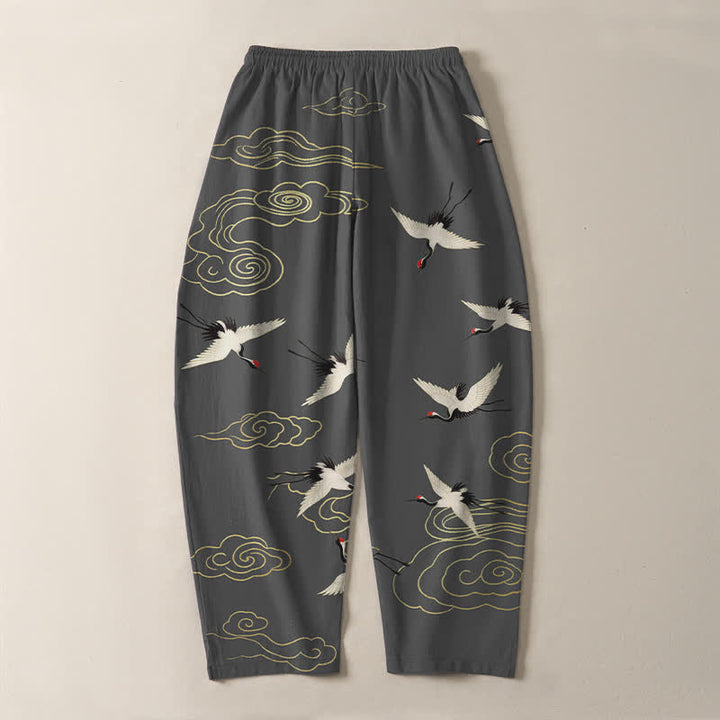 Buddha Stones Pantalon fuselé pour homme en pur coton blanc à motif de grues à couronne rouge et de nuages, avec cordon de serrage et poches. - image 3