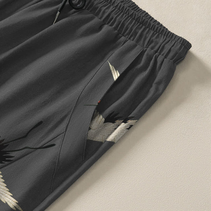 Buddha Stones Pantalon fuselé pour homme en pur coton blanc à motif de grues à couronne rouge et de nuages, avec cordon de serrage et poches. - image 4