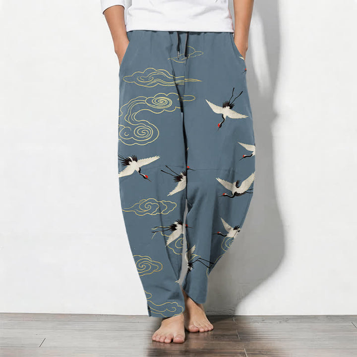Buddha Stones Pantalon fuselé pour homme en pur coton blanc à motif de grues à couronne rouge et de nuages, avec cordon de serrage et poches. - Bleu acier clair - US/UK/AU50，EU60 (5XL) - image 7