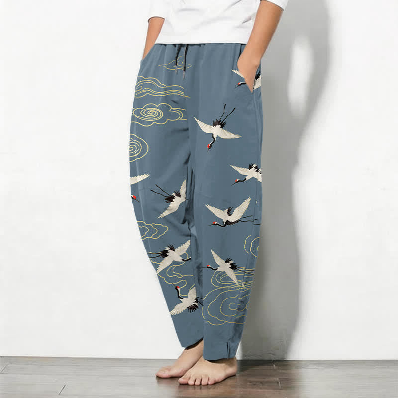 Buddha Stones Pantalon fuselé pour homme en pur coton blanc à motif de grues à couronne rouge et de nuages, avec cordon de serrage et poches. - image 8