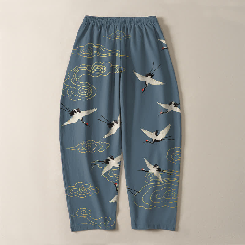 Buddha Stones Pantalon fuselé pour homme en pur coton blanc à motif de grues à couronne rouge et de nuages, avec cordon de serrage et poches. - image 10