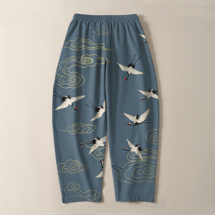 Buddha Stones Pantalon fuselé pour homme en pur coton blanc à motif de grues à couronne rouge et de nuages, avec cordon de serrage et poches. - image 10