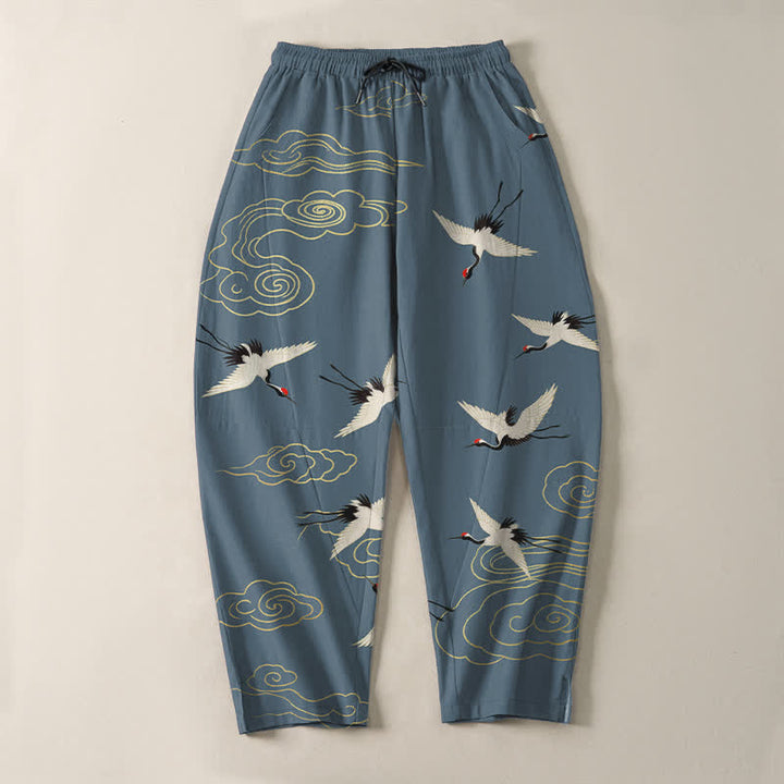 Buddha Stones Pantalon fuselé pour homme en pur coton blanc à motif de grues à couronne rouge et de nuages, avec cordon de serrage et poches. - image 9
