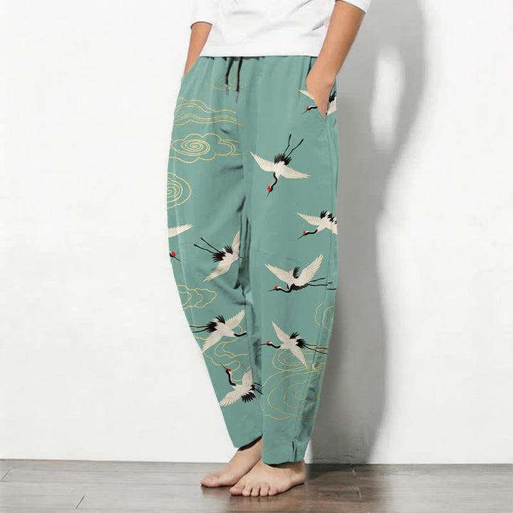 Buddha Stones Pantalon fuselé pour homme en pur coton blanc à motif de grues à couronne rouge et de nuages, avec cordon de serrage et poches. - image 12