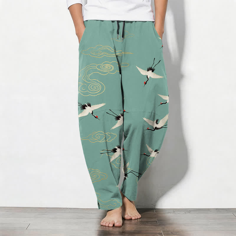Buddha Stones Pantalon fuselé pour homme en pur coton blanc à motif de grues à couronne rouge et de nuages, avec cordon de serrage et poches. - Bleu vert - US/UK/AU50，EU60 (5XL) - image 11