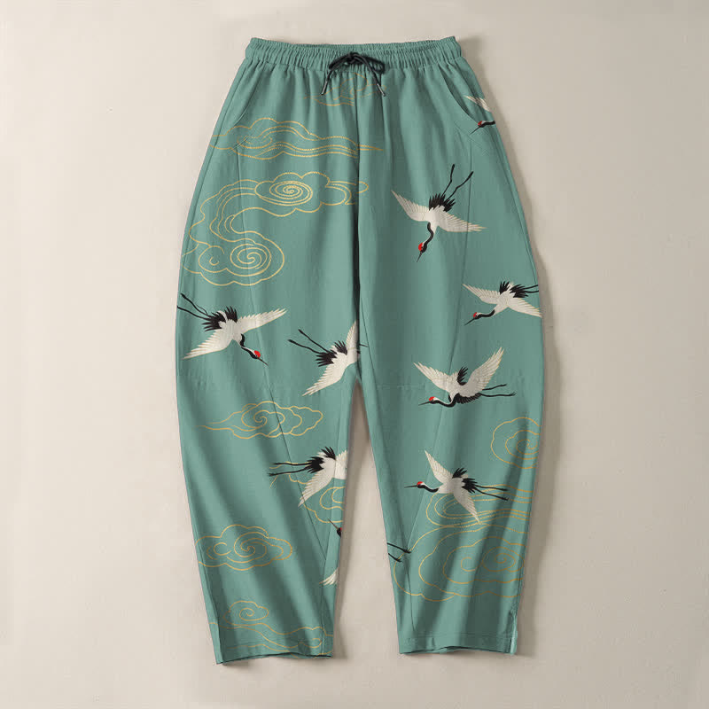 Buddha Stones Pantalon fuselé pour homme en pur coton blanc à motif de grues à couronne rouge et de nuages, avec cordon de serrage et poches. - image 13