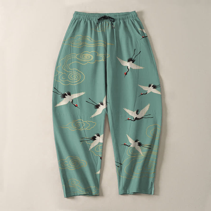 Buddha Stones Pantalon fuselé pour homme en pur coton blanc à motif de grues à couronne rouge et de nuages, avec cordon de serrage et poches. - image 13