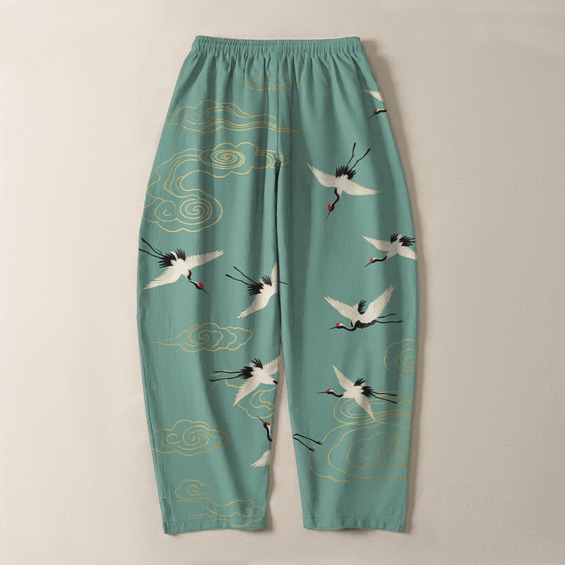 Buddha Stones Pantalon fuselé pour homme en pur coton blanc à motif de grues à couronne rouge et de nuages, avec cordon de serrage et poches. - image 14