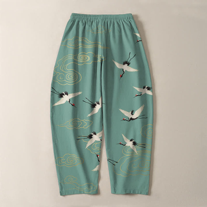 Buddha Stones Pantalon fuselé pour homme en pur coton blanc à motif de grues à couronne rouge et de nuages, avec cordon de serrage et poches. - image 14