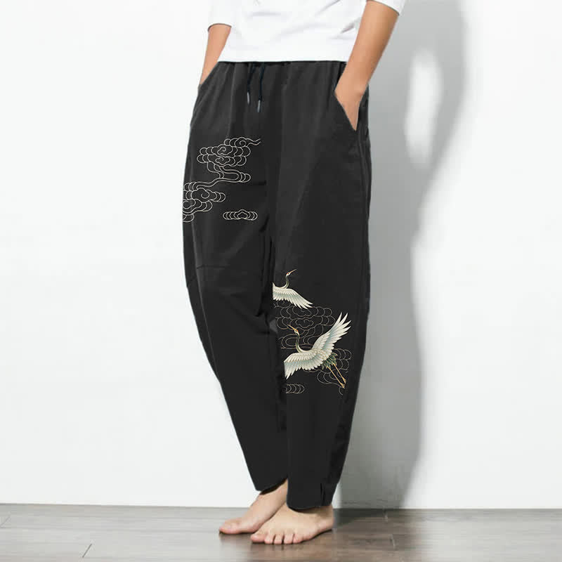 Buddha Stones Pantalon fuselé pour homme en pur coton blanc à motif de grues et de nuages, avec cordon de serrage et poches. - image 1
