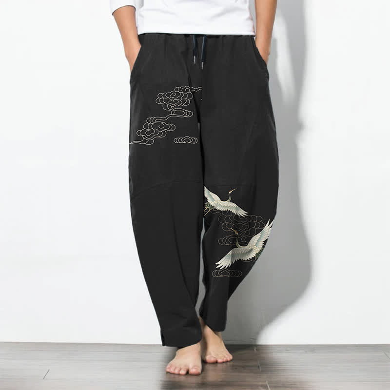 Buddha Stones Pantalon fuselé pour homme en pur coton blanc à motif de grues et de nuages, avec cordon de serrage et poches. - Noir - US/UK/AU50，EU60 (5XL) - image 0