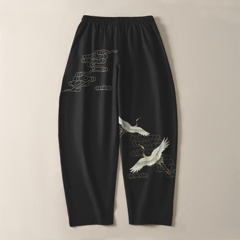Buddha Stones Pantalon fuselé pour homme en pur coton blanc à motif de grues et de nuages, avec cordon de serrage et poches. - image 3