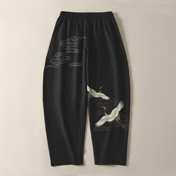 Buddha Stones Pantalon fuselé pour homme en pur coton blanc à motif de grues et de nuages, avec cordon de serrage et poches. - image 3