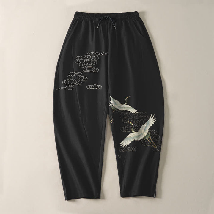 Buddha Stones Pantalon fuselé pour homme en pur coton blanc à motif de grues et de nuages, avec cordon de serrage et poches. - image 2