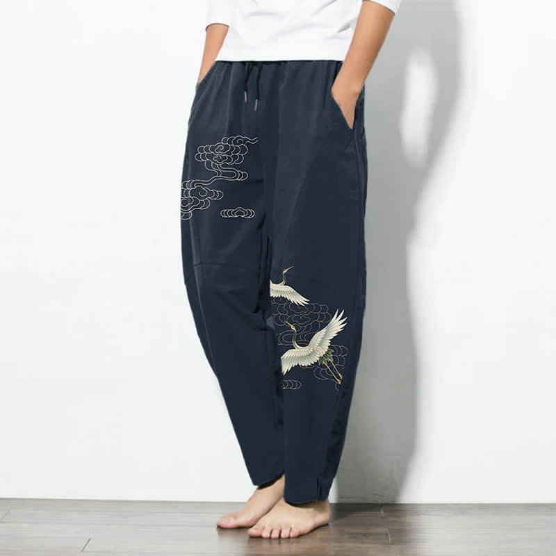 Buddha Stones Pantalon fuselé pour homme en pur coton blanc à motif de grues et de nuages, avec cordon de serrage et poches. - image 8