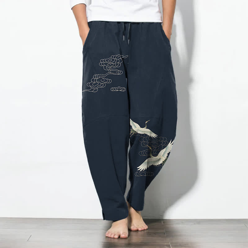 Buddha Stones Pantalon fuselé pour homme en pur coton blanc à motif de grues et de nuages, avec cordon de serrage et poches. - Marine - US/UK/AU50，EU60 (5XL) - image 7