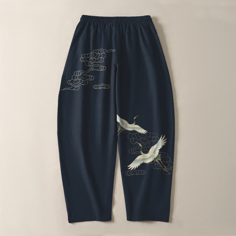 Buddha Stones Pantalon fuselé pour homme en pur coton blanc à motif de grues et de nuages, avec cordon de serrage et poches. - image 10