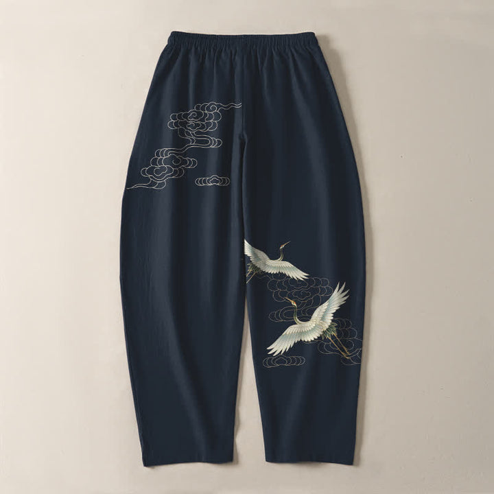 Buddha Stones Pantalon fuselé pour homme en pur coton blanc à motif de grues et de nuages, avec cordon de serrage et poches. - image 10