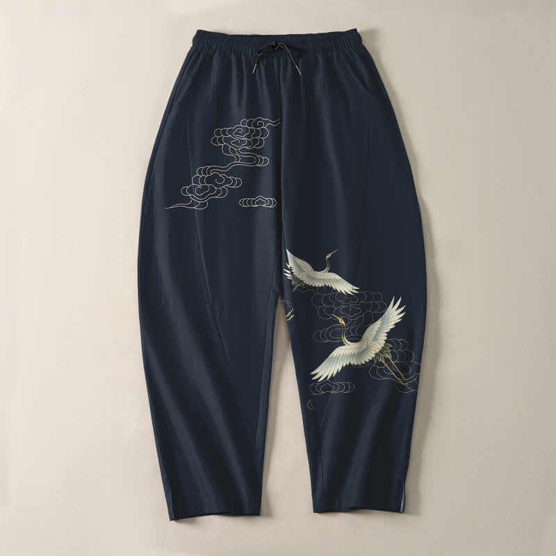 Buddha Stones Pantalon fuselé pour homme en pur coton blanc à motif de grues et de nuages, avec cordon de serrage et poches. - image 9