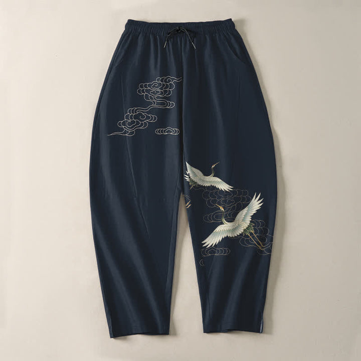 Buddha Stones Pantalon fuselé pour homme en pur coton blanc à motif de grues et de nuages, avec cordon de serrage et poches. - image 9