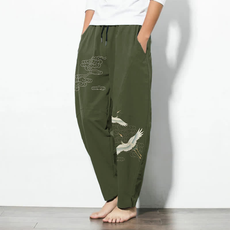 Buddha Stones Pantalon fuselé pour homme en pur coton blanc à motif de grues et de nuages, avec cordon de serrage et poches. - image 12