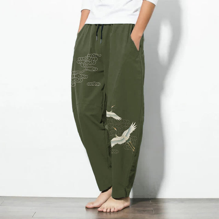 Buddha Stones Pantalon fuselé pour homme en pur coton blanc à motif de grues et de nuages, avec cordon de serrage et poches. - image 12
