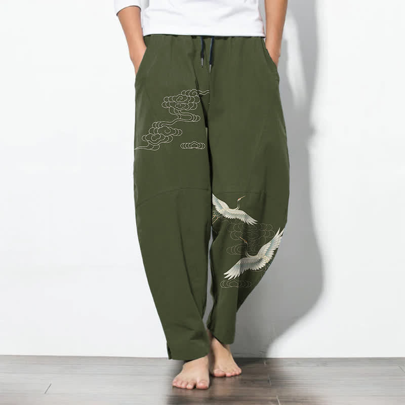 Buddha Stones Pantalon fuselé pour homme en pur coton blanc à motif de grues et de nuages, avec cordon de serrage et poches. - Vert olive foncé - US/UK/AU50，EU60 (5XL) - image 11