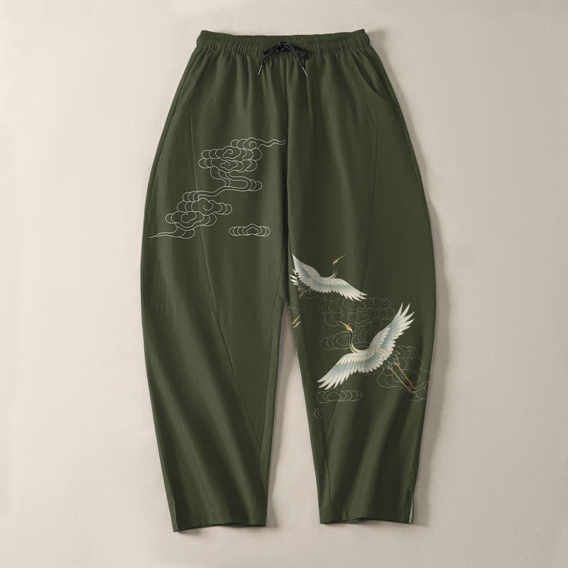 Buddha Stones Pantalon fuselé pour homme en pur coton blanc à motif de grues et de nuages, avec cordon de serrage et poches. - image 13