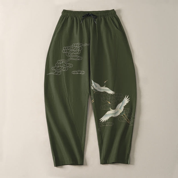 Buddha Stones Pantalon fuselé pour homme en pur coton blanc à motif de grues et de nuages, avec cordon de serrage et poches. - image 13