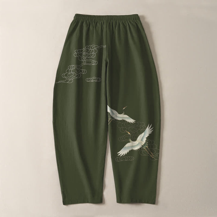 Buddha Stones Pantalon fuselé pour homme en pur coton blanc à motif de grues et de nuages, avec cordon de serrage et poches. - image 14