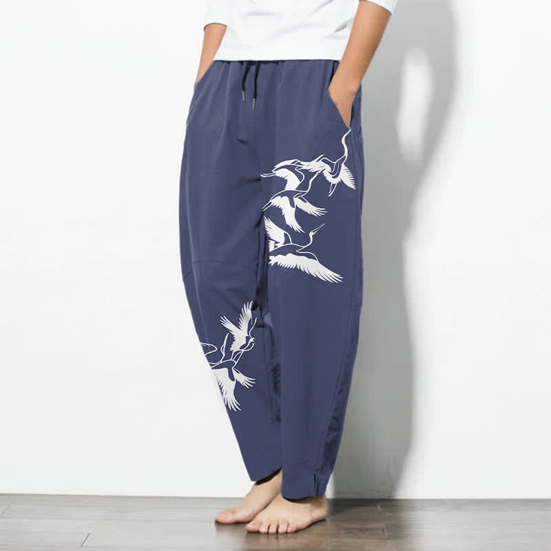 Buddha Stones Pantalon fuselé pour homme en pur coton avec cordon de serrage et poches, motif grue volante. - image 1