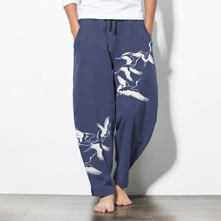 Buddha Stones Pantalon fuselé pour homme en pur coton avec cordon de serrage et poches, motif grue volante. - SteelBlue - US/UK/AU50，EU60 (5XL) - image 0