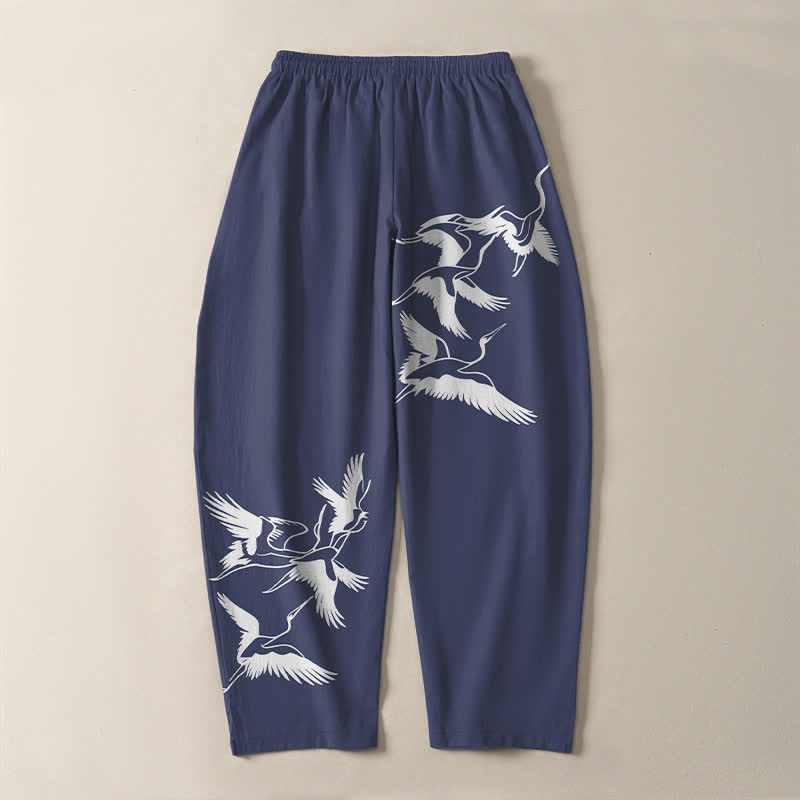 Buddha Stones Pantalon fuselé pour homme en pur coton avec cordon de serrage et poches, motif grue volante. - image 3